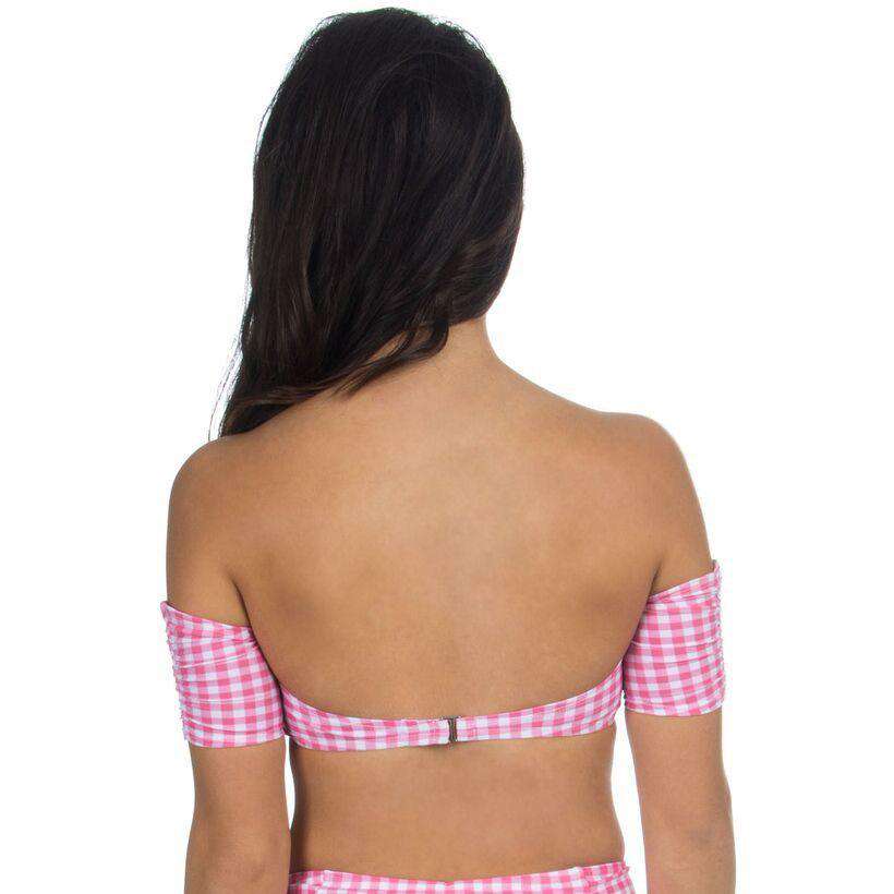 Gingham Off-The-Shoulder Bandeau Bikini Top in Pink by Lauren James - Country Club Prep