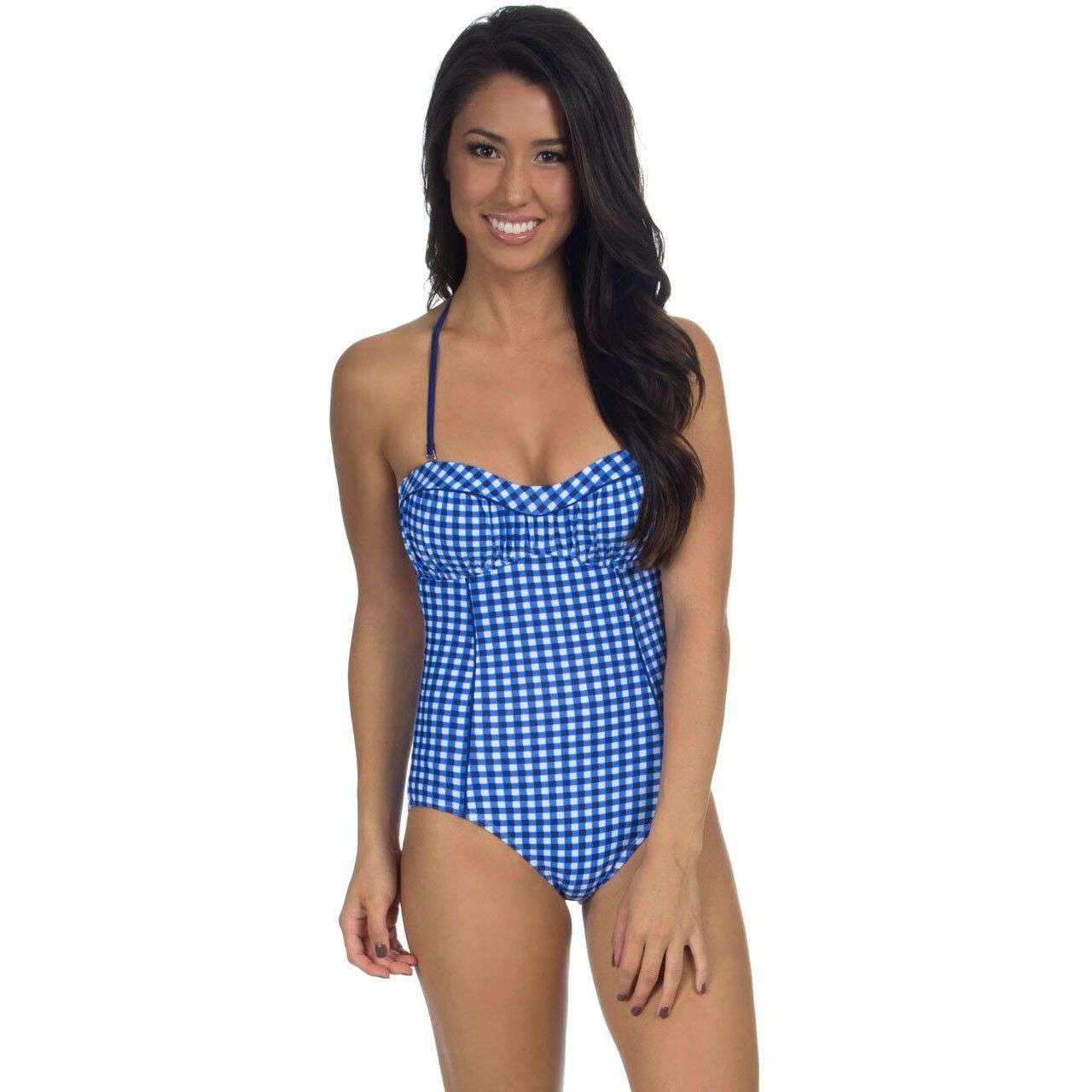 Gingham One Piece Bandeau Swimsuit in Navy by Lauren James - Country Club Prep