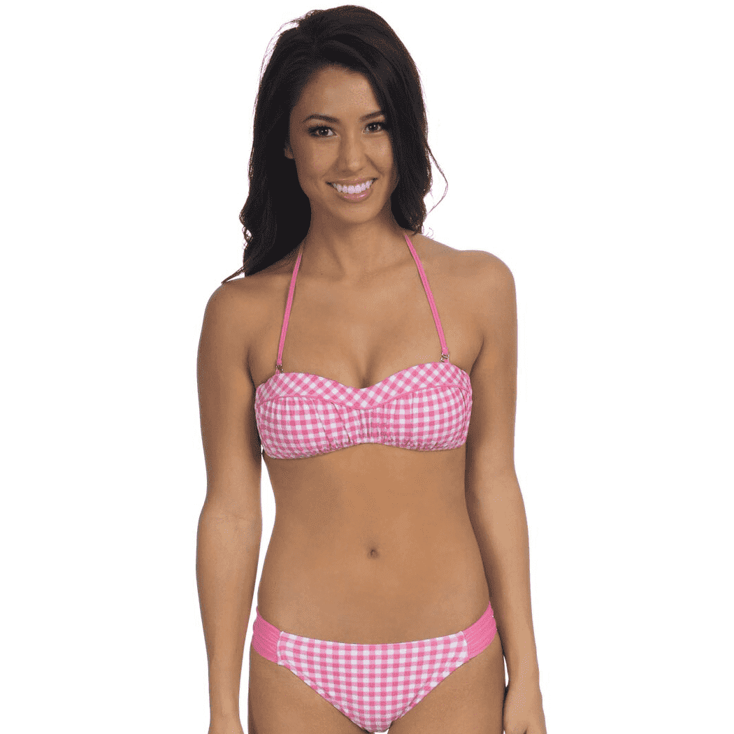 Gingham Rouched Bandeau Bikini Top in Pink by Lauren James - Country Club Prep