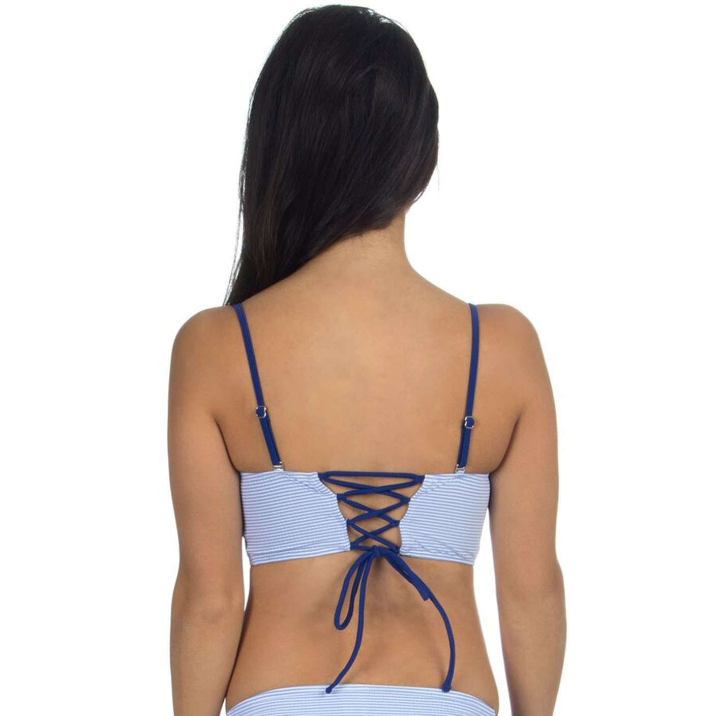 Seersucker Lace-Up Bustier Bikini Top in Blue by Lauren James - Country Club Prep