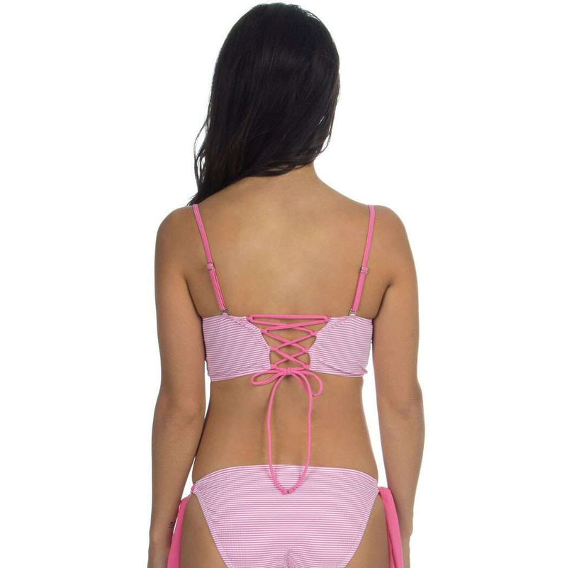 Seersucker Lace-Up Bustier Bikini Top in Pink by Lauren James - Country Club Prep