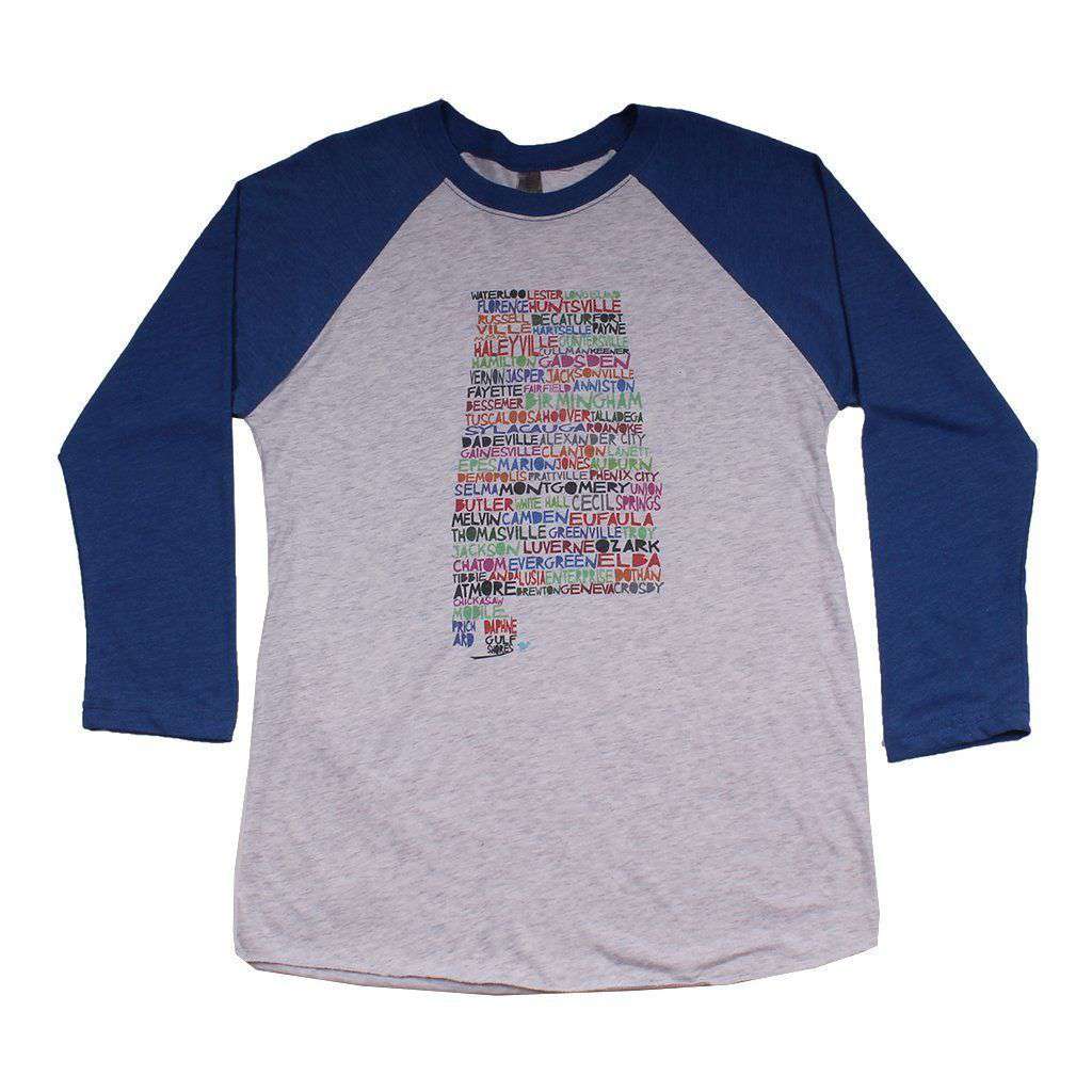 Alabama Cities and Towns Raglan Tee Shirt in Royal Blue by Southern Roots - Country Club Prep