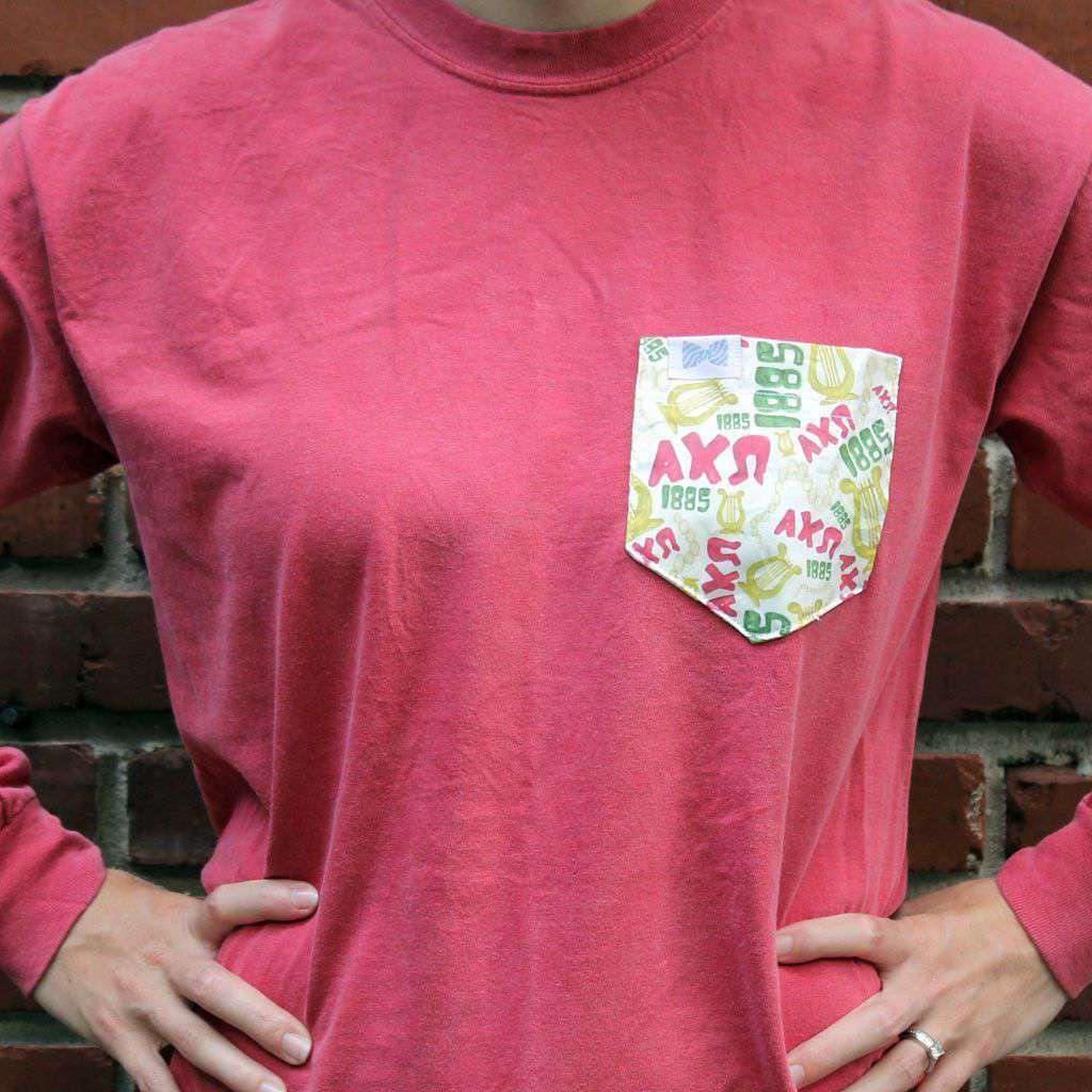 Alpha Chi Omega Long Sleeve Tee Shirt in Crimson with Pattern Pocket by the Frat Collection - Country Club Prep