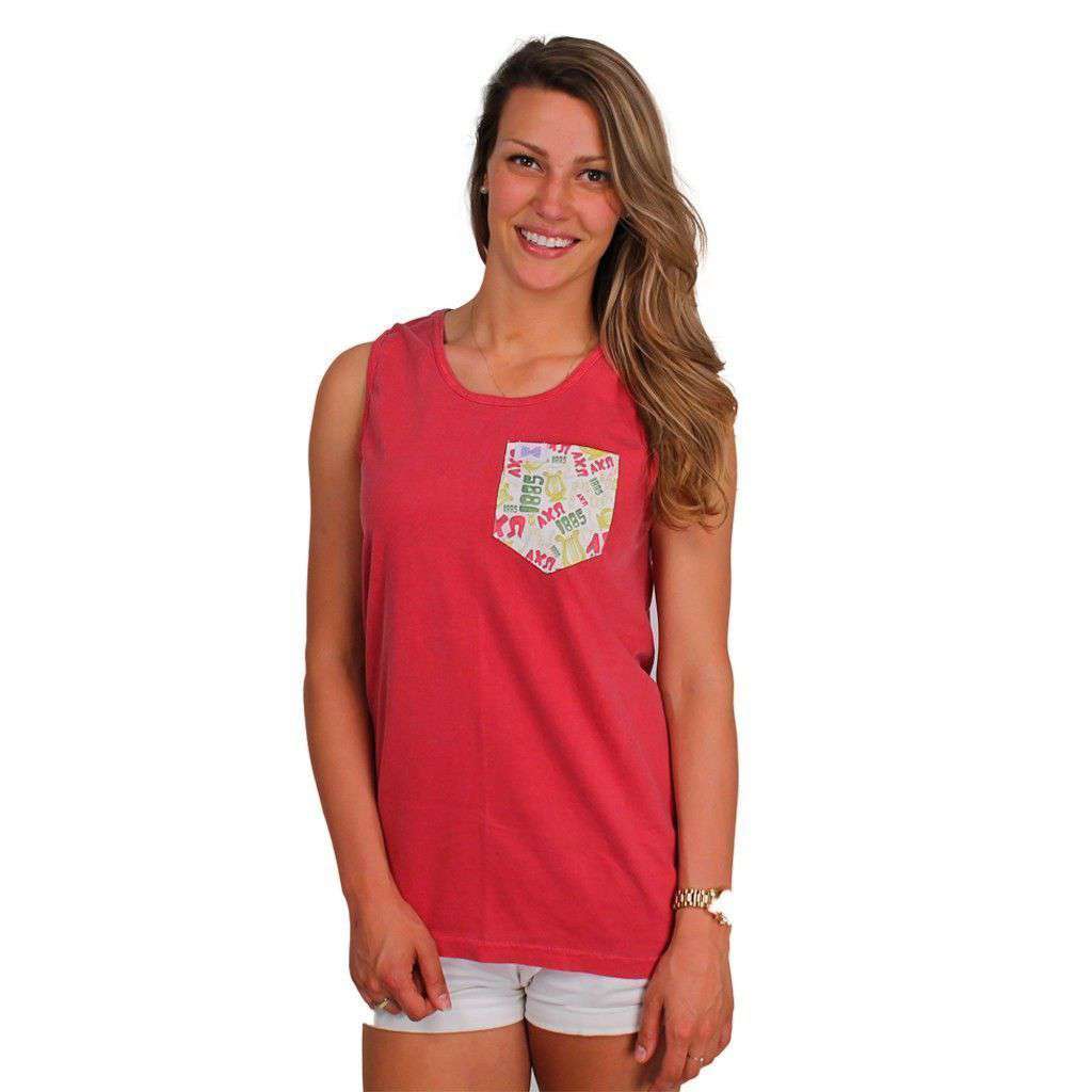 Alpha Chi Omega Tank Top in Crimson with Pattern Pocket by the Frat Collection - Country Club Prep
