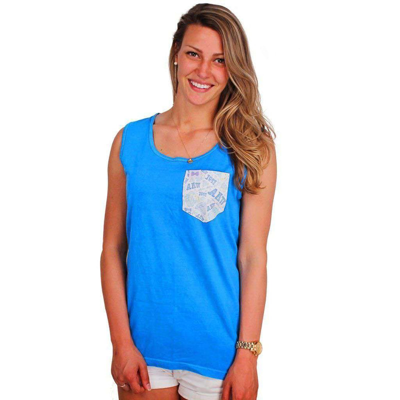 Alpha Delta Pi Tank Top in Royal Caribbean Blue with Pattern Pocket by the Frat Collection - Country Club Prep