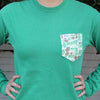 Alpha Epsilon Phi Long Sleeve Tee Shirt in Grass Green with Pattern Pocket by the Frat Collection - Country Club Prep