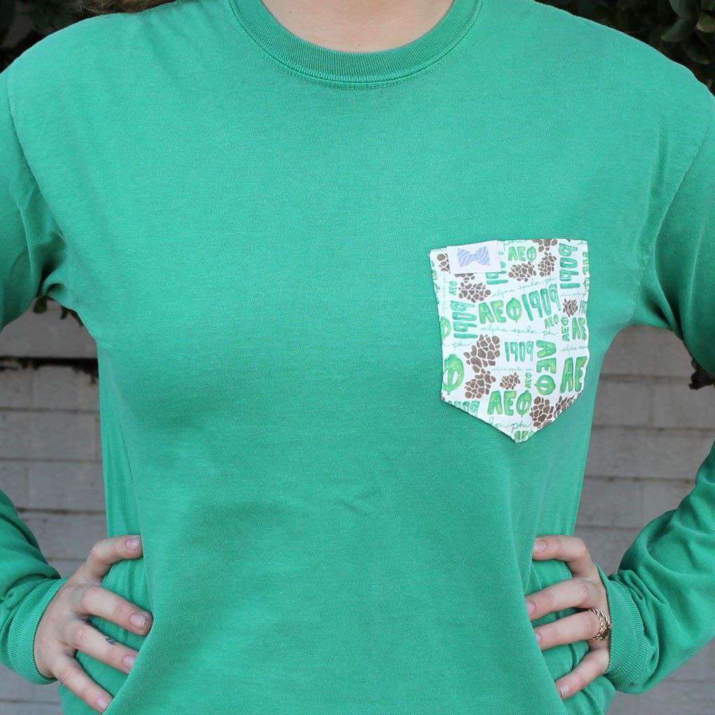 Alpha Epsilon Phi Long Sleeve Tee Shirt in Grass Green with Pattern Pocket by the Frat Collection - Country Club Prep