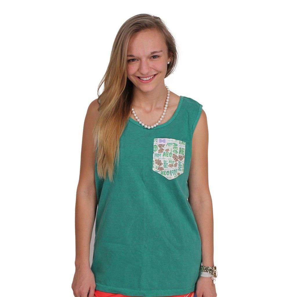 Alpha Epsilon Phi Tank Top in Grass Green with Pattern Pocket by the Frat Collection - Country Club Prep