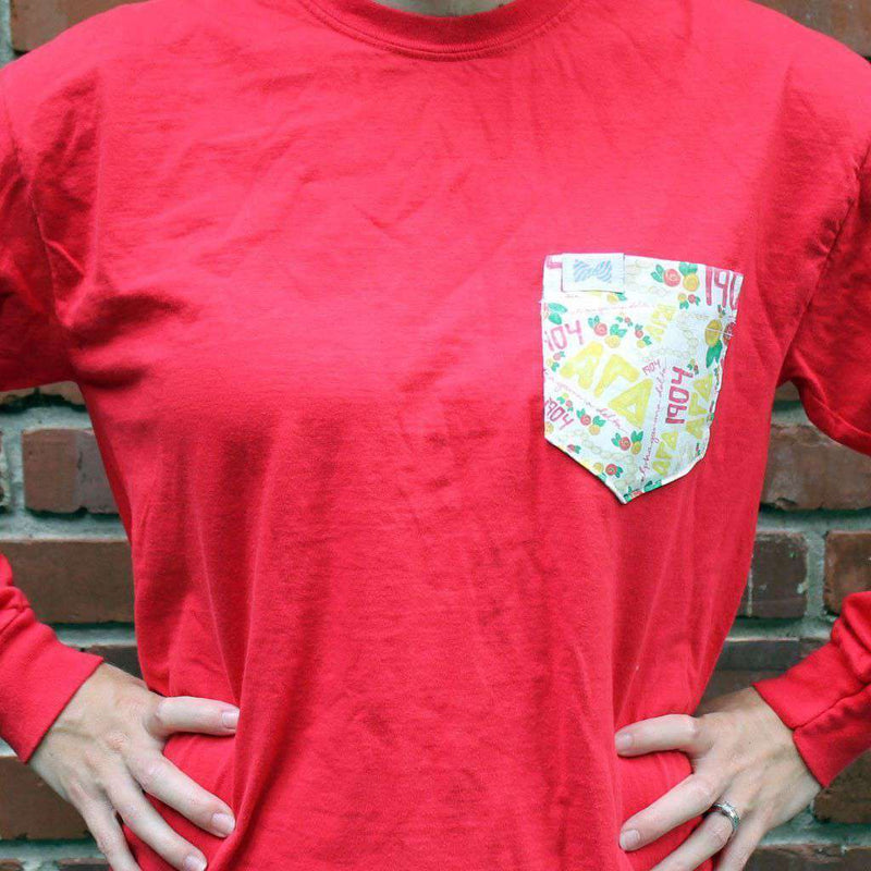 Alpha Gamma Delta Long Sleeve Tee Shirt in Red with Pattern Pocket by the Frat Collection - Country Club Prep