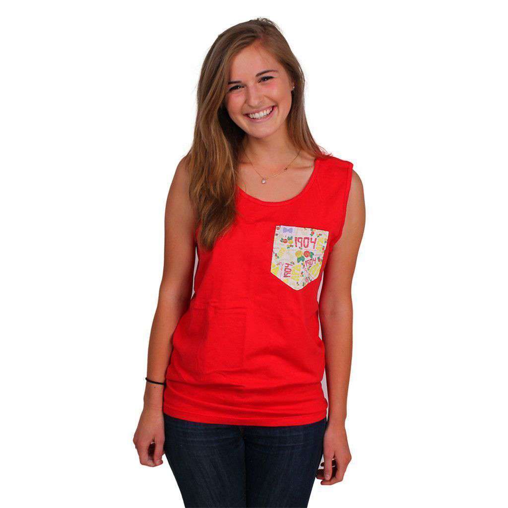 Alpha Gamma Delta Tank Top in Red with Pattern Pocket by the Frat Collection - Country Club Prep