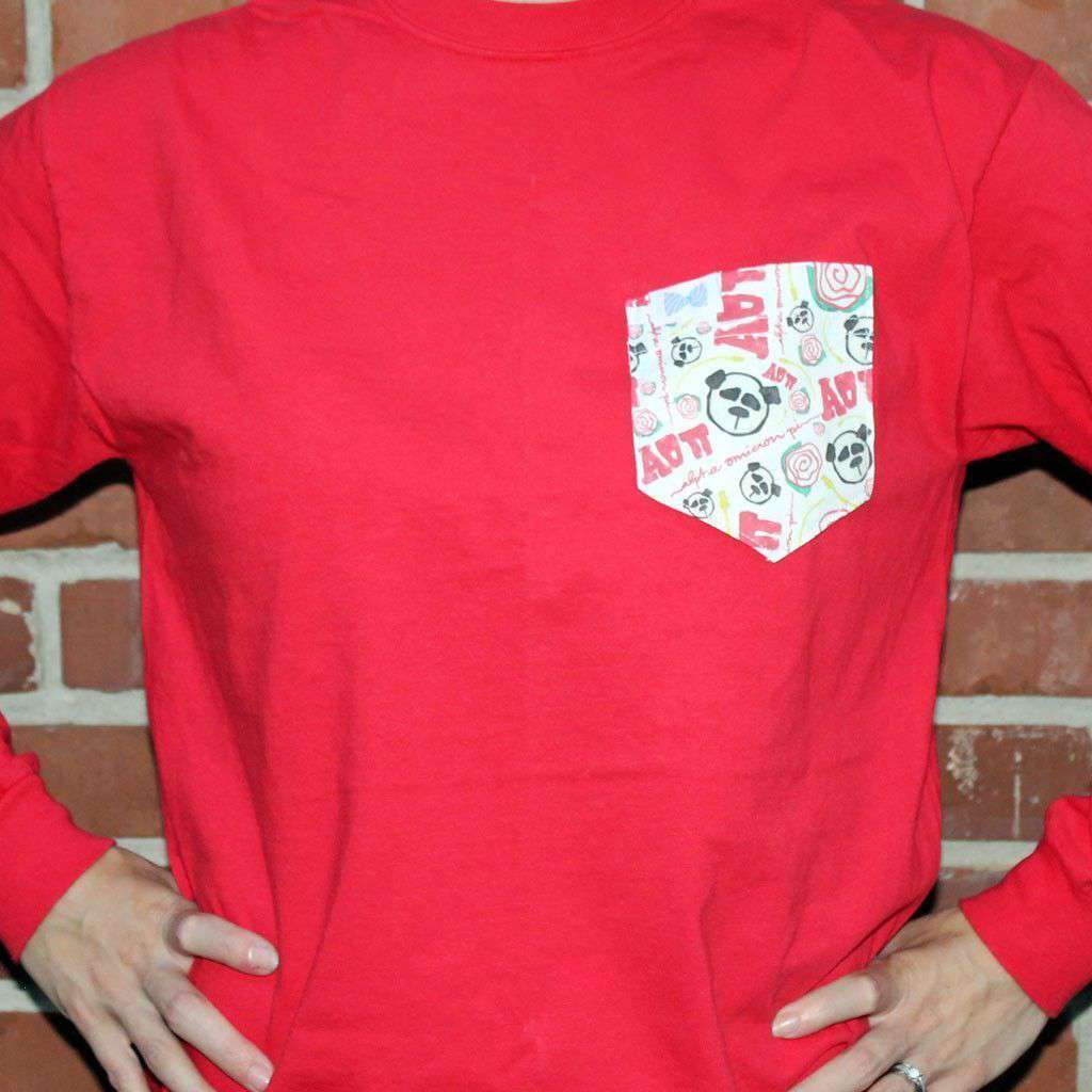 Alpha Omicron Pi Long Sleeve Tee Shirt in Red with Pattern Pocket by the Frat Collection - Country Club Prep