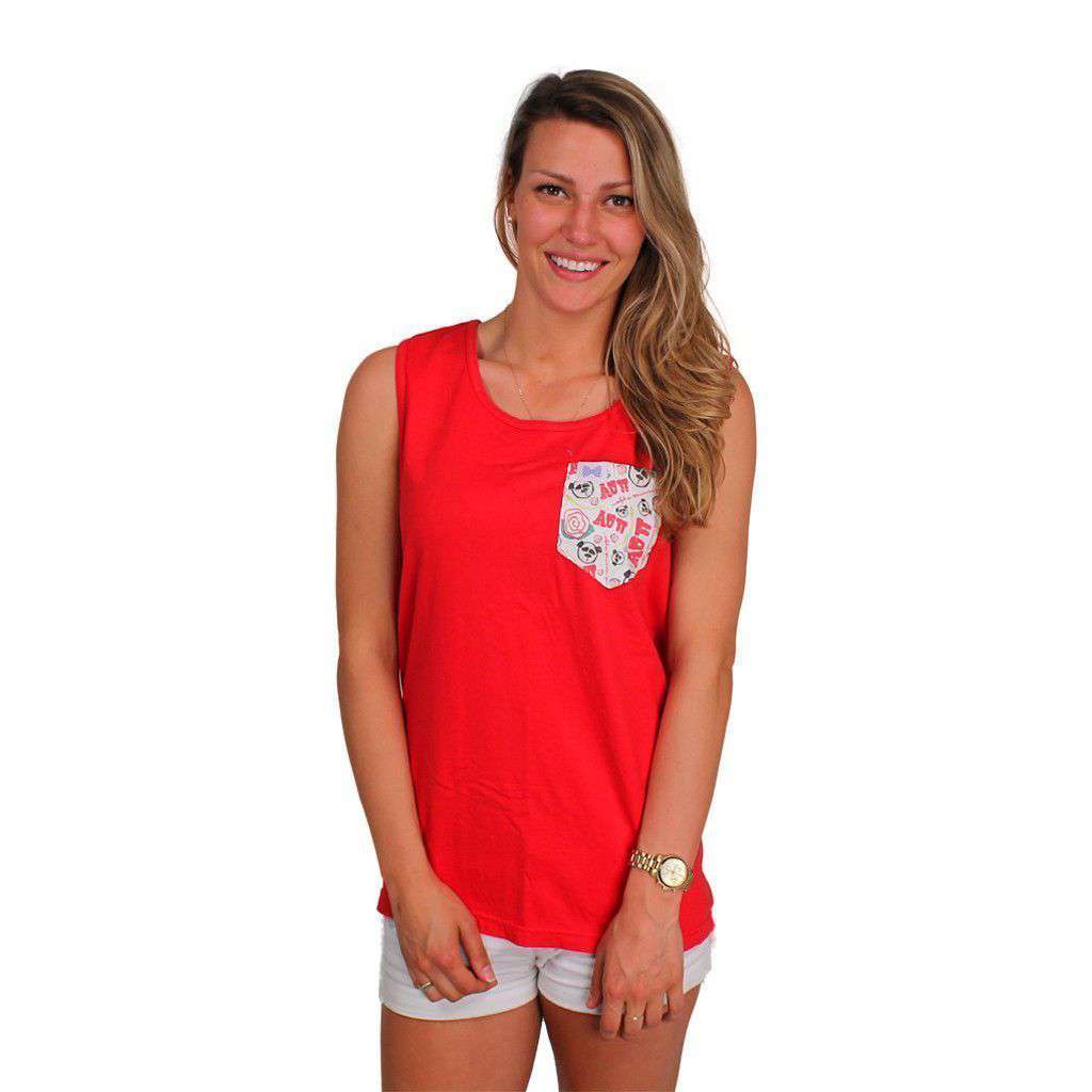 Alpha Omicron Pi Tank Top in Red with Pattern Pocket by the Frat Collection - Country Club Prep