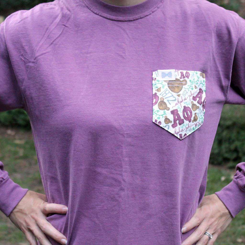 Alpha Phi Long Sleeve Tee Shirt in Berry Purple with Pattern Pocket by the Frat Collection - Country Club Prep