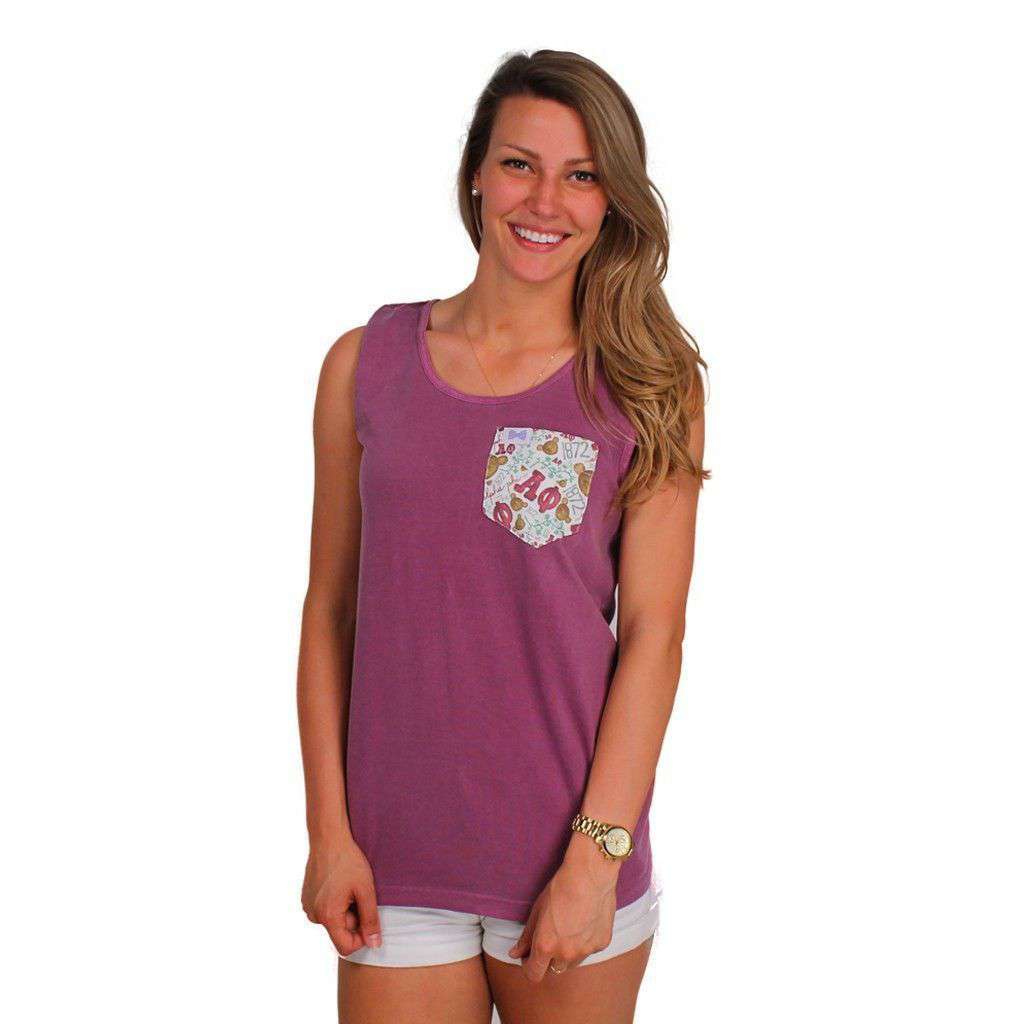 Alpha Phi Tank Top in Berry Purple with Pattern Pocket by the Frat Collection - Country Club Prep