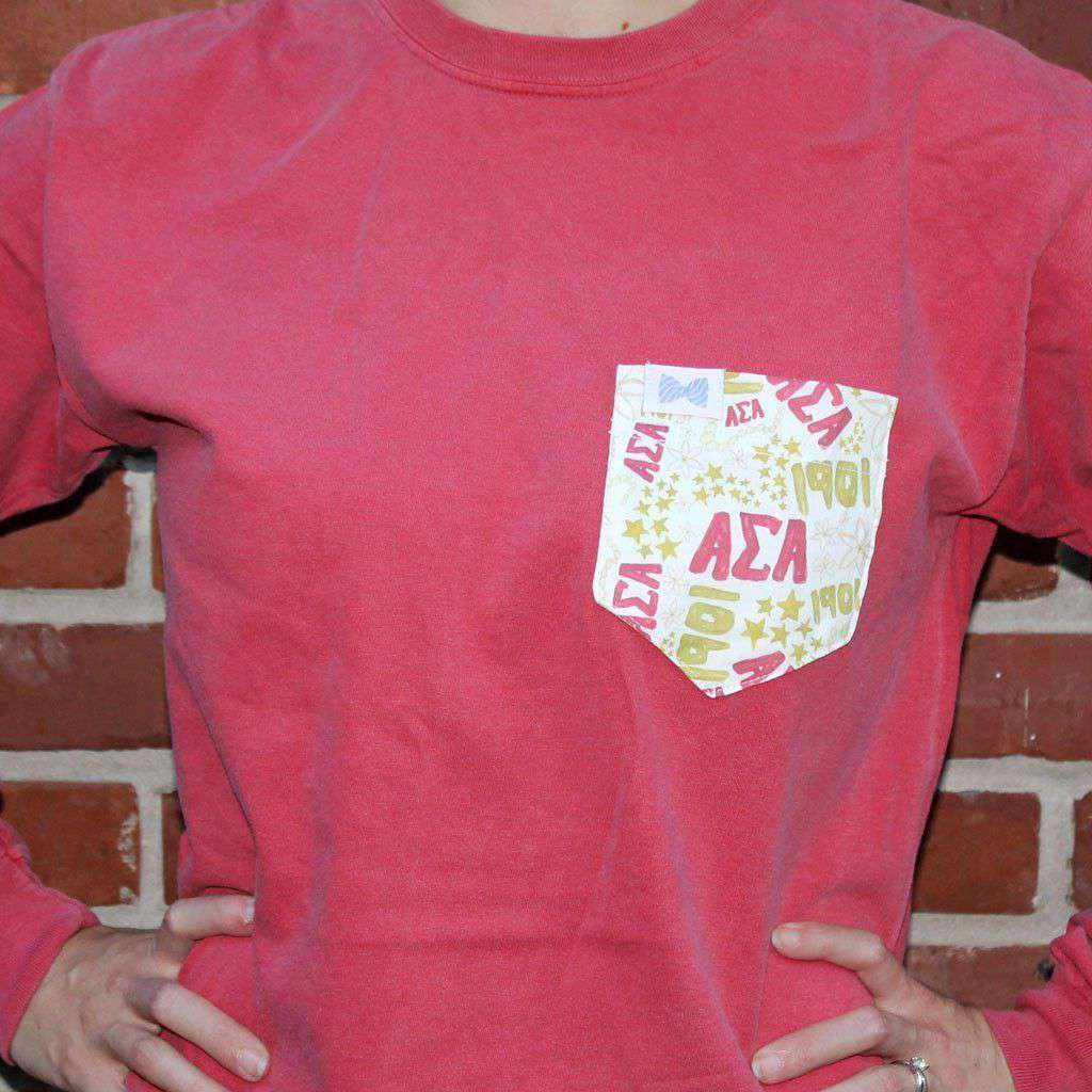 Alpha Sigma Alpha Long Sleeve Tee Shirt in Crimson with Pattern Pocket by the Frat Collection - Country Club Prep