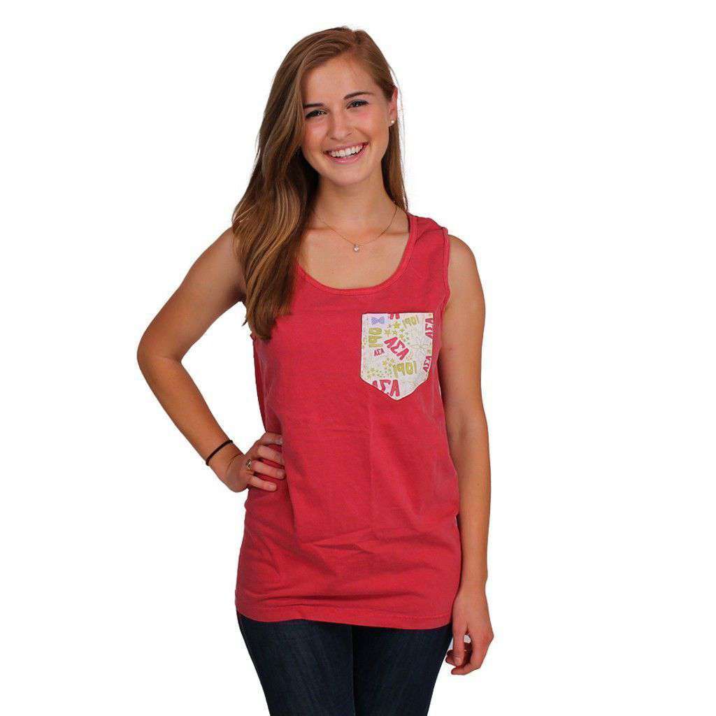 Alpha Sigma Alpha Tank Top in Crimson with Pattern Pocket by the Frat Collection - Country Club Prep