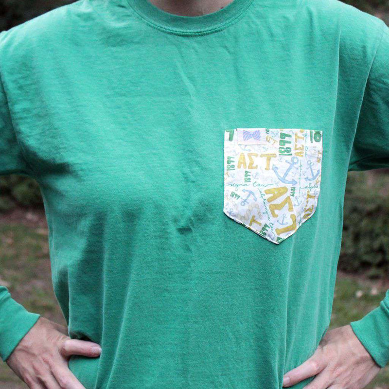 Alpha Sigma Tau Long Sleeve Tee Shirt in Grass with Pattern Pocket by the Frat Collection - Country Club Prep