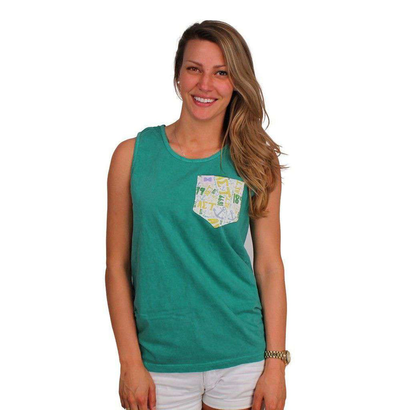 Alpha Sigma Tau Tank Top in Grass with Pattern Pocket by the Frat Collection - Country Club Prep