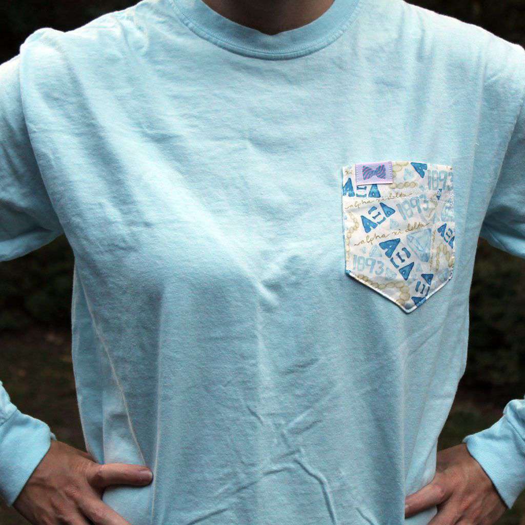 Alpha Xi Delta Long Sleeve Tee Shirt in Chambray with Pattern Pocket by the Frat Collection - Country Club Prep