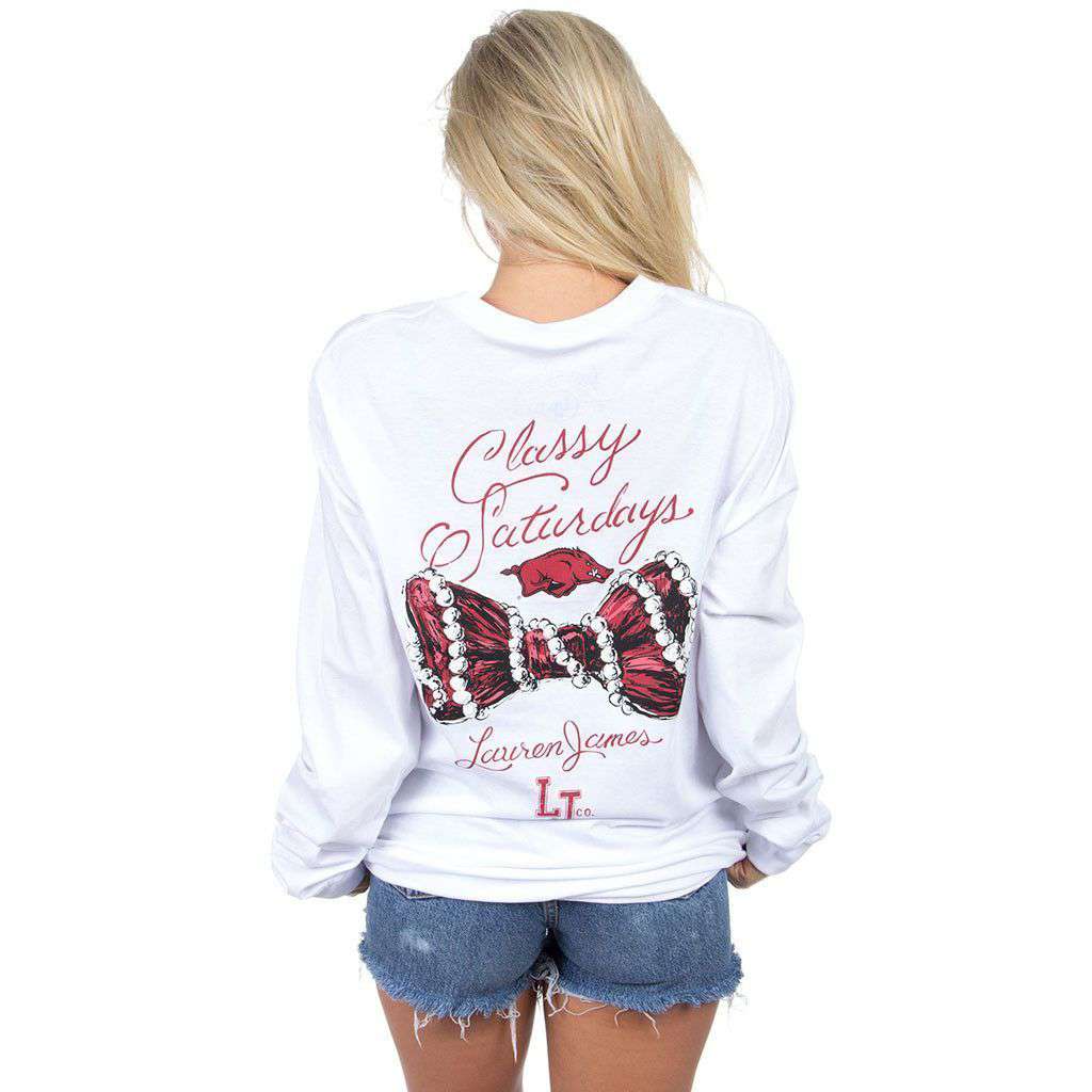 Arkansas Classy Saturday Long Sleeve Tee in White by Lauren James - Country Club Prep