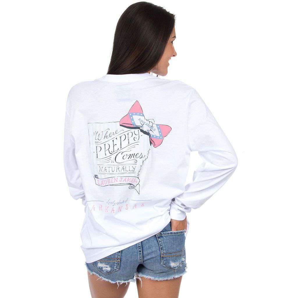 Arkansas Naturally Preppy Long Sleeve Tee in White by Lauren James - Country Club Prep