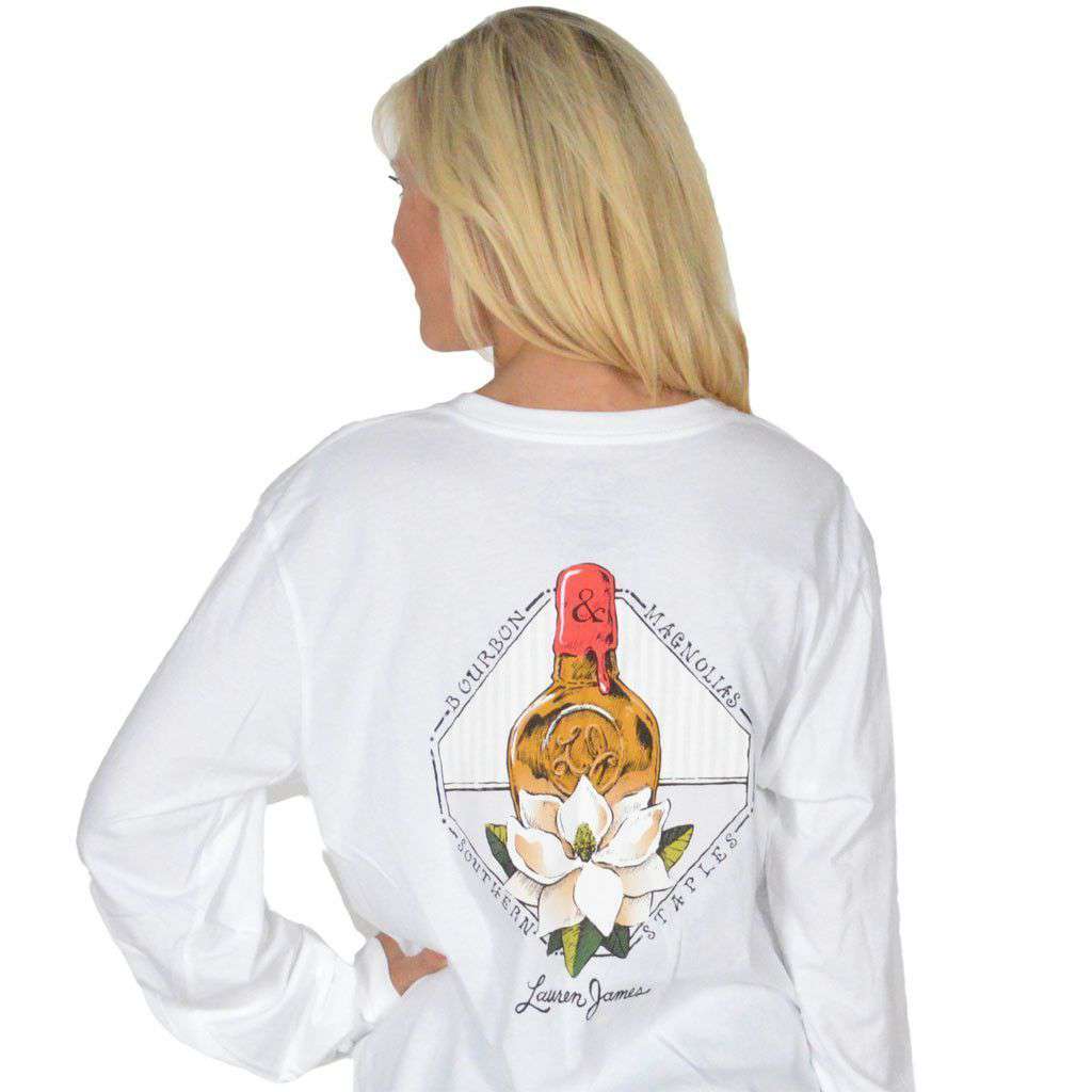 Bourbon & Magnolias Long Sleeve Tee in White by Lauren James - Country Club Prep