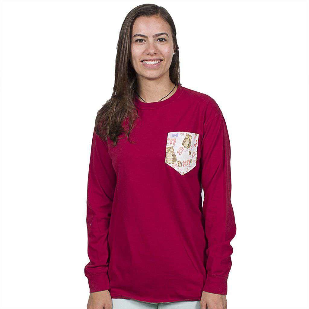 Chi Omega Long Sleeve Tee Shirt in Barn Red with Pattern Pocket by The Frat Collection - Country Club Prep