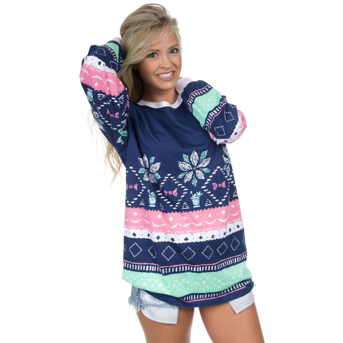 Christmas Sweater Long Sleeve Tee Shirt in Navy Julep by Lauren James - Country Club Prep