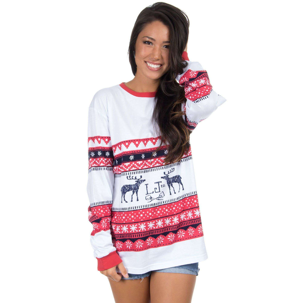 Christmas Sweater Long Sleeve Tee Shirt in Navy/Red by Lauren James - Country Club Prep