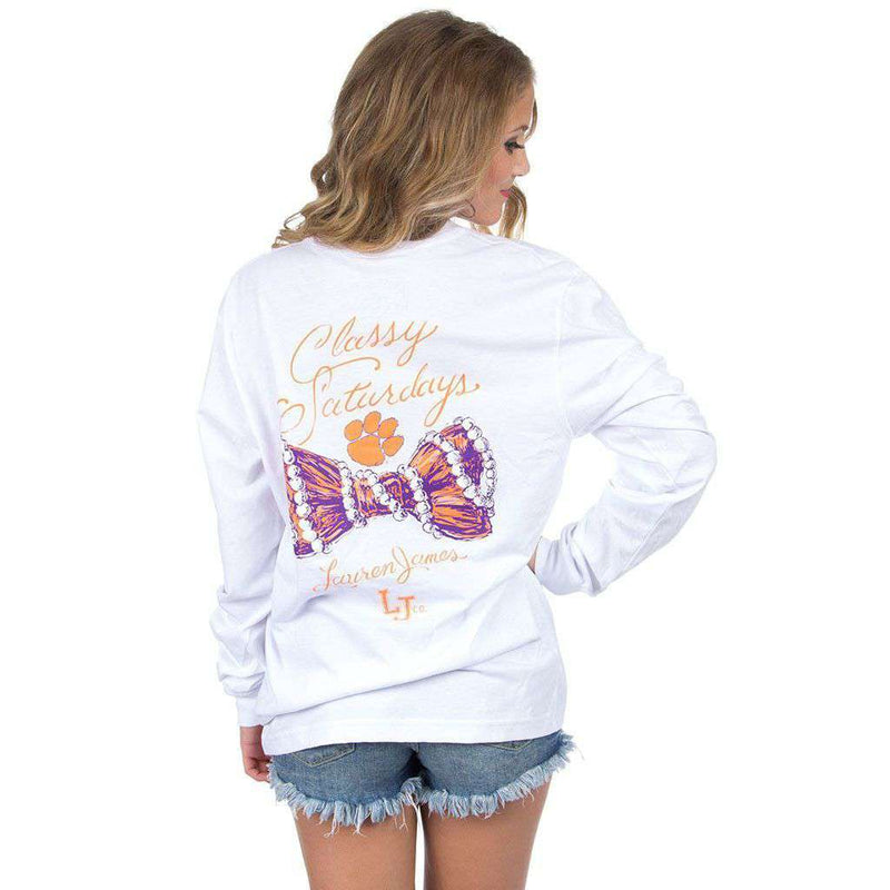 Clemson Classy Saturday Long Sleeve Tee in White by Lauren James - Country Club Prep