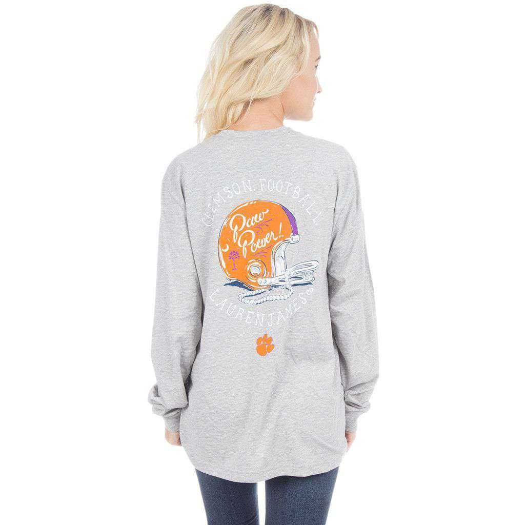 Clemson University Helmet Long Sleeve Tee in Heather Grey by Lauren James - Country Club Prep