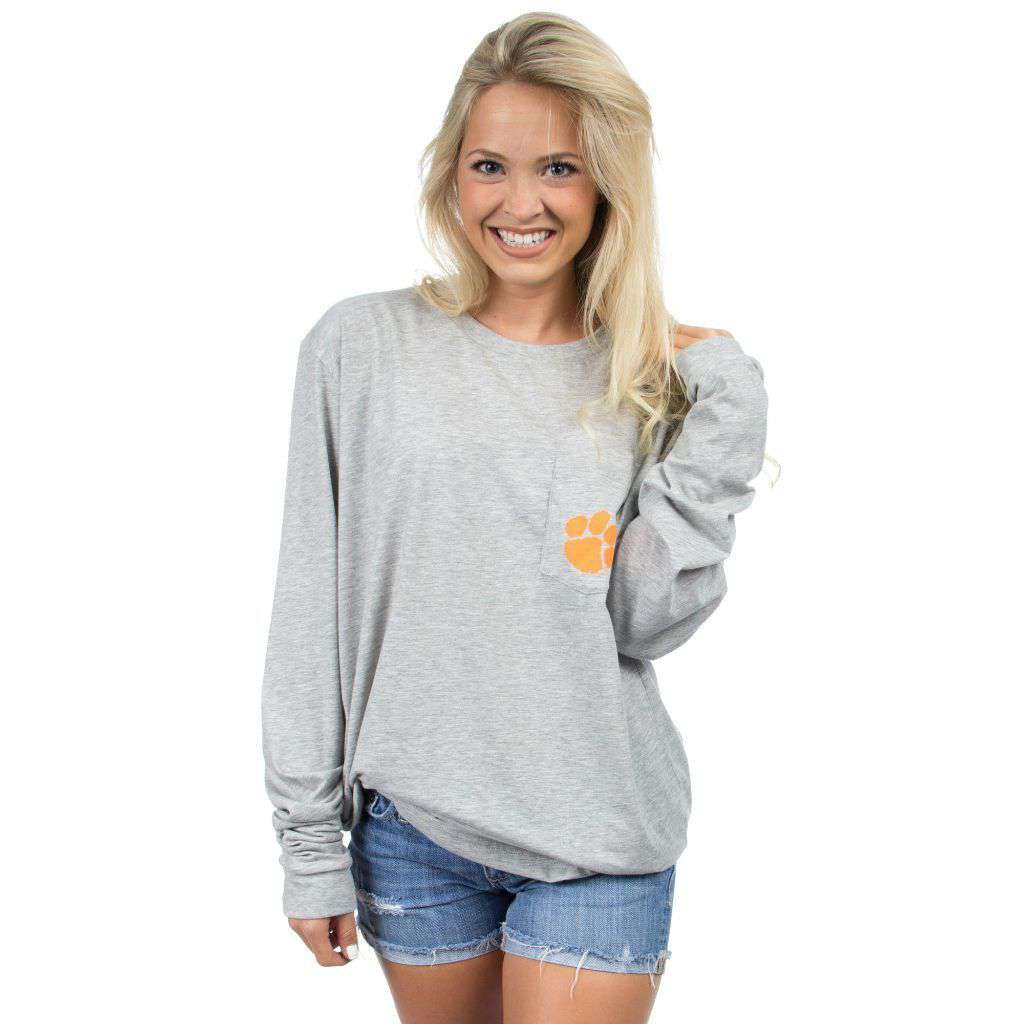 Clemson University Long Sleeve Stadium Tee in Heather Grey by Lauren James - Country Club Prep