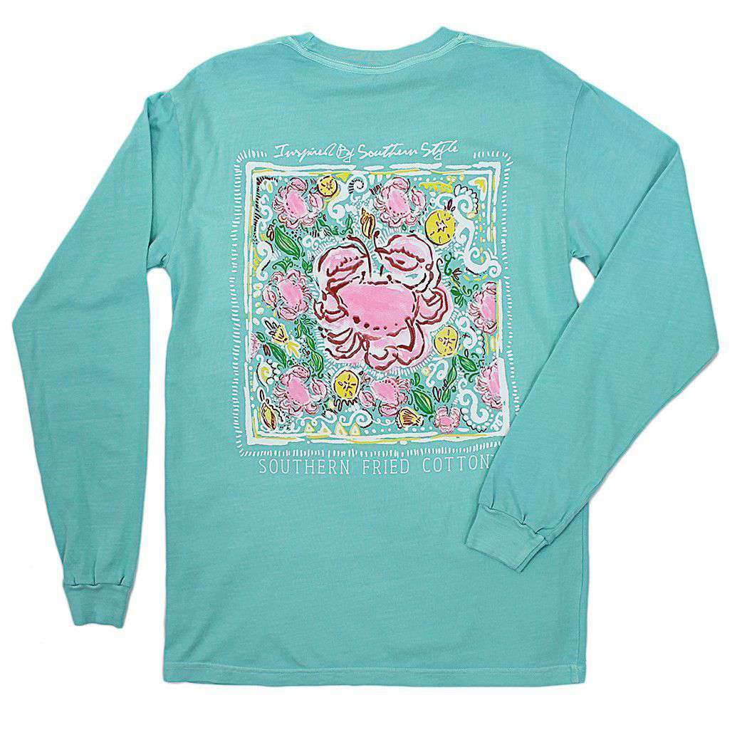 Crab Pattern Long Sleeve Tee Shirt in Chalky Mint by Southern Fried Cotton - Country Club Prep