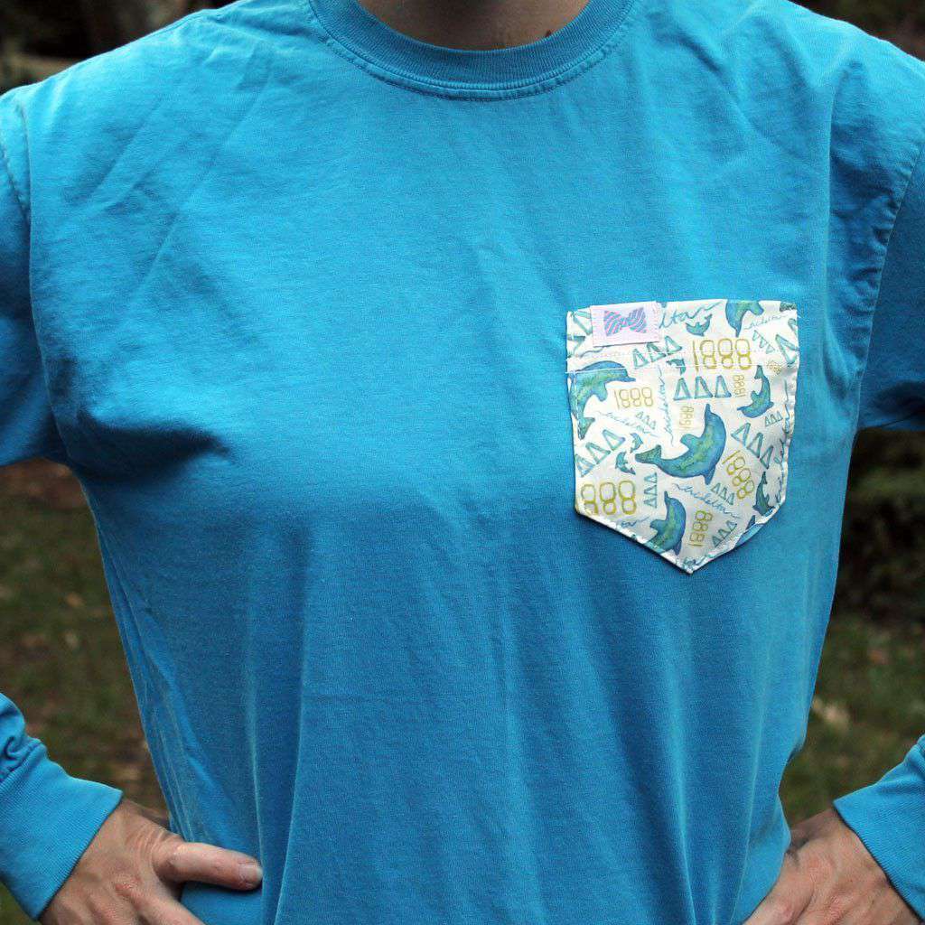 Delta Delta Delta Long Sleeve Tee Shirt in Caribbean Blue with Pattern Pocket by the Frat Collection - Country Club Prep