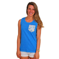 Delta Delta Delta Tank Top in Caribbean Blue with Pattern Pocket by the Frat Collection - Country Club Prep