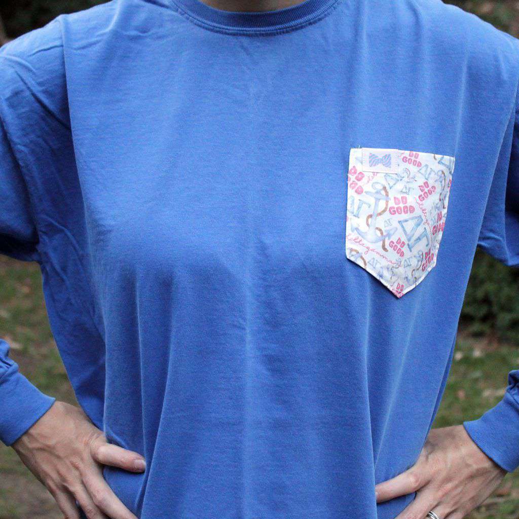 Delta Gamma Long Sleeve Tee Shirt in Neon Blue with Pattern Pocket by the Frat Collection - Country Club Prep