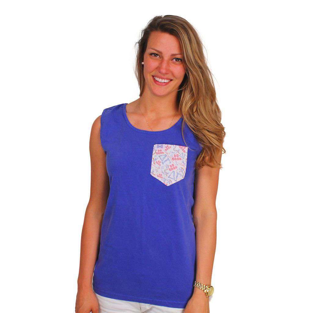 Delta Gamma Tank Top in Blue Bayou with Pattern Pocket by the Frat Collection - Country Club Prep