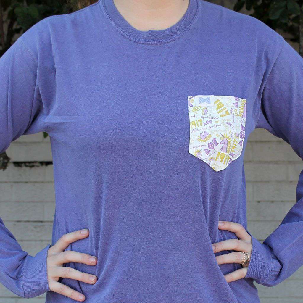 Delta Phi Epsilon Long Sleeve Tee Shirt in Grape with Pattern Pocket by the Frat Collection - Country Club Prep