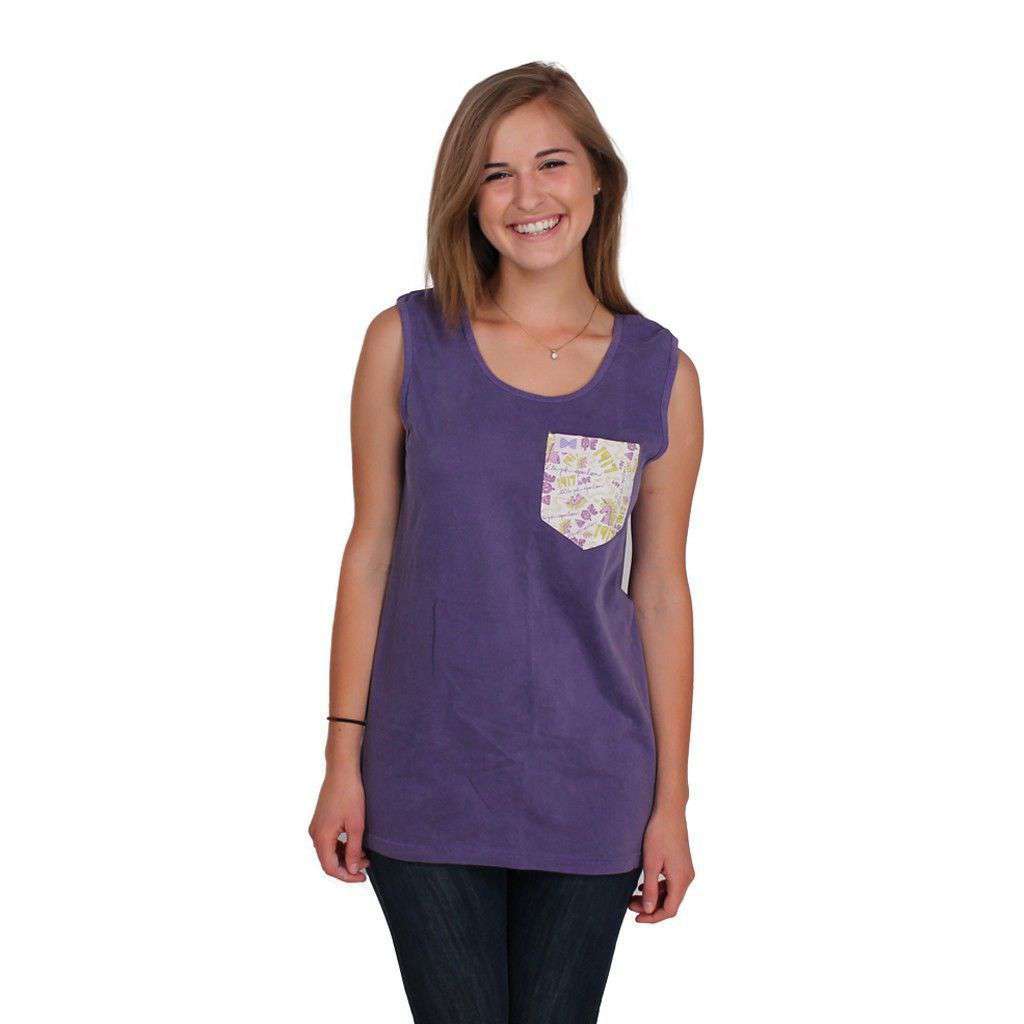 Delta Phi Epsilon Tank Top in Grape with Pattern Pocket by the Frat Collection - Country Club Prep