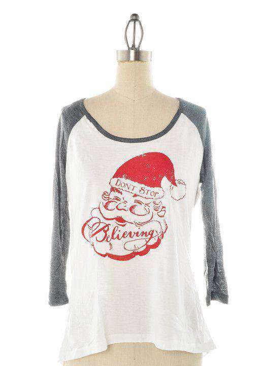 Don't Stop Believing Baseball Tee in White by Judith March - Country Club Prep