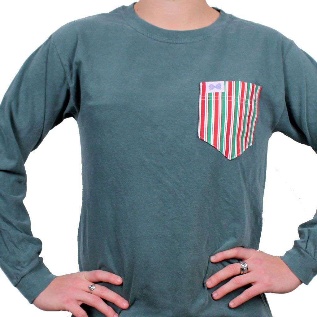 Ewell Unisex Long Sleeve Tee in Emerald Green w/ Holiday Stripe Pocket by the Fraternity Collection - Country Club Prep