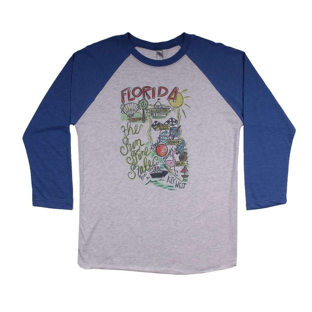 Florida Roadmap Raglan Tee Shirt in Royal Blue by Southern Roots - Country Club Prep