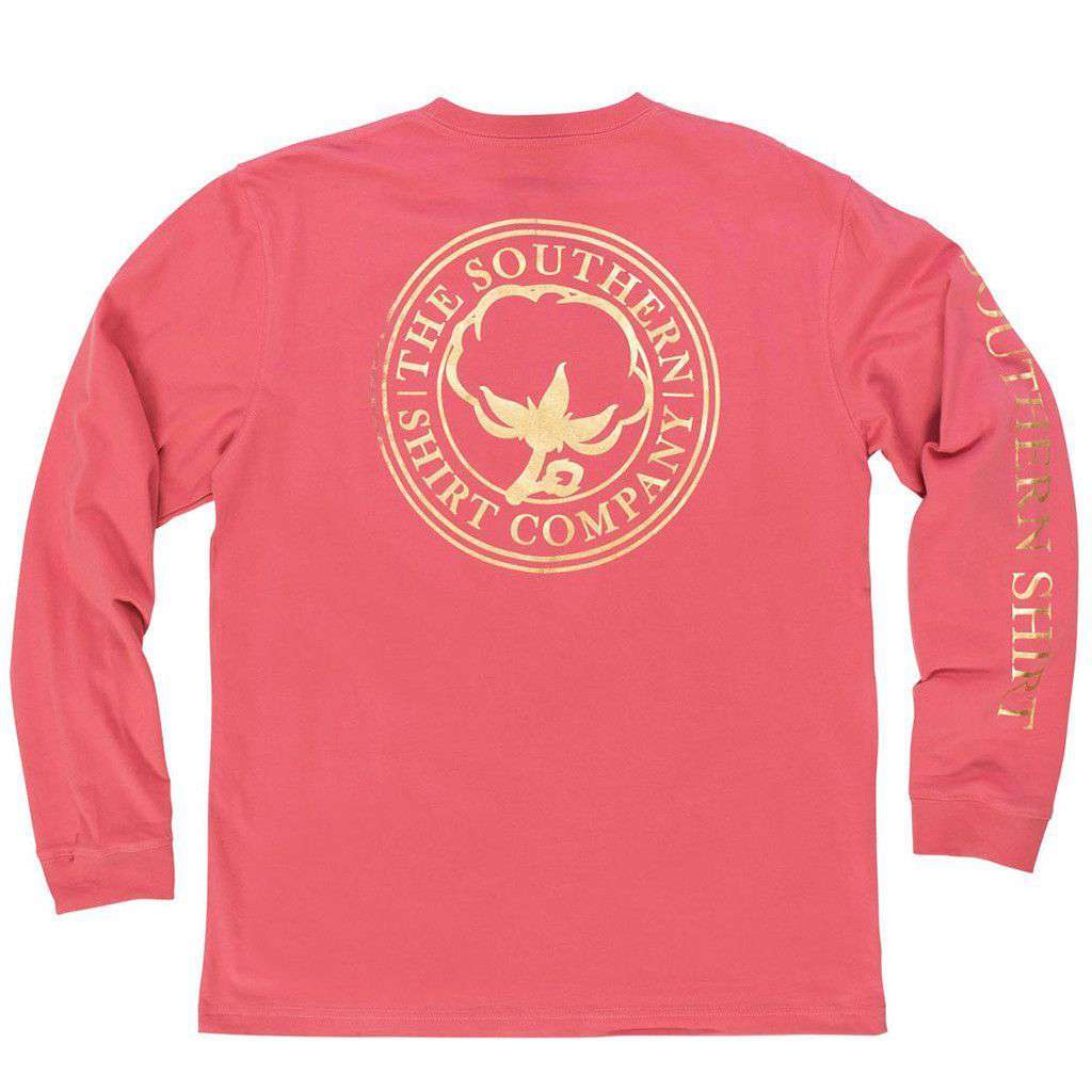 Foil Print Logo Long Sleeve Tee Shirt in Rapture Rose by The Southern Shirt Co. - Country Club Prep