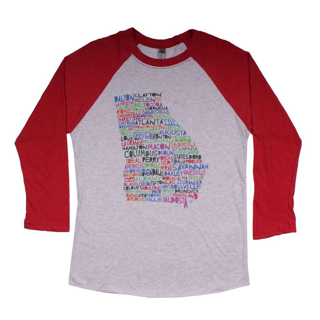 Georgia Cities and Towns Raglan Tee Shirt in Red by Southern Roots - Country Club Prep