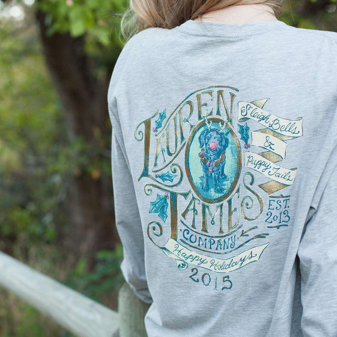 Holiday Pup Long Sleeve Tee in Heather Grey by Lauren James - Country Club Prep