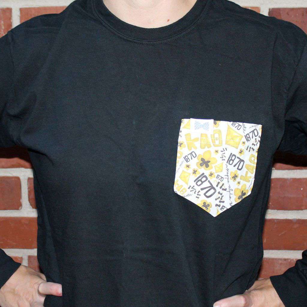 Kappa Alpha Theta Long Sleeve Tee Shirt in Black with Pattern Pocket by the Frat Collection - Country Club Prep