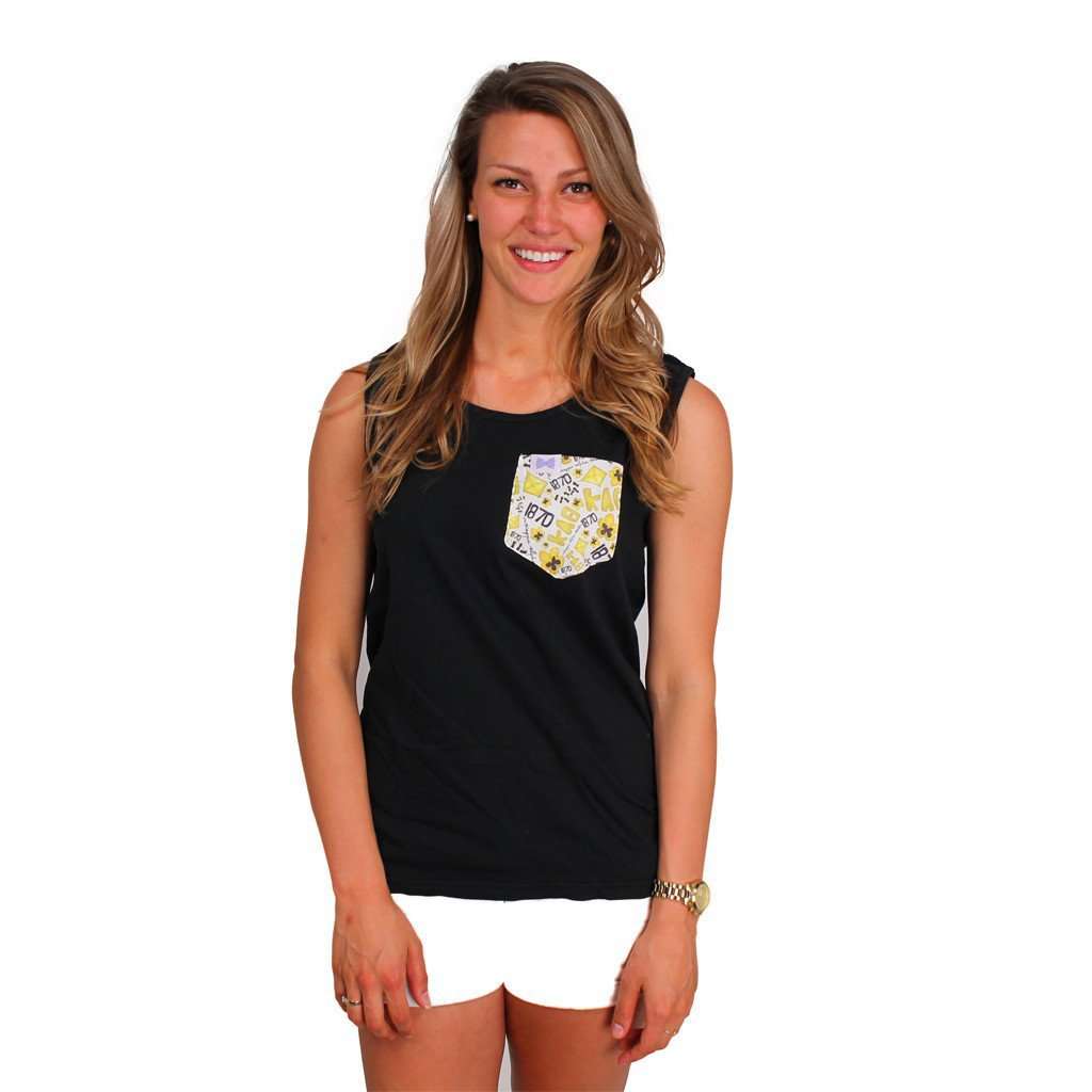 Kappa Alpha Theta Tank Top in Black with Pattern Pocket by the Frat Collection - Country Club Prep