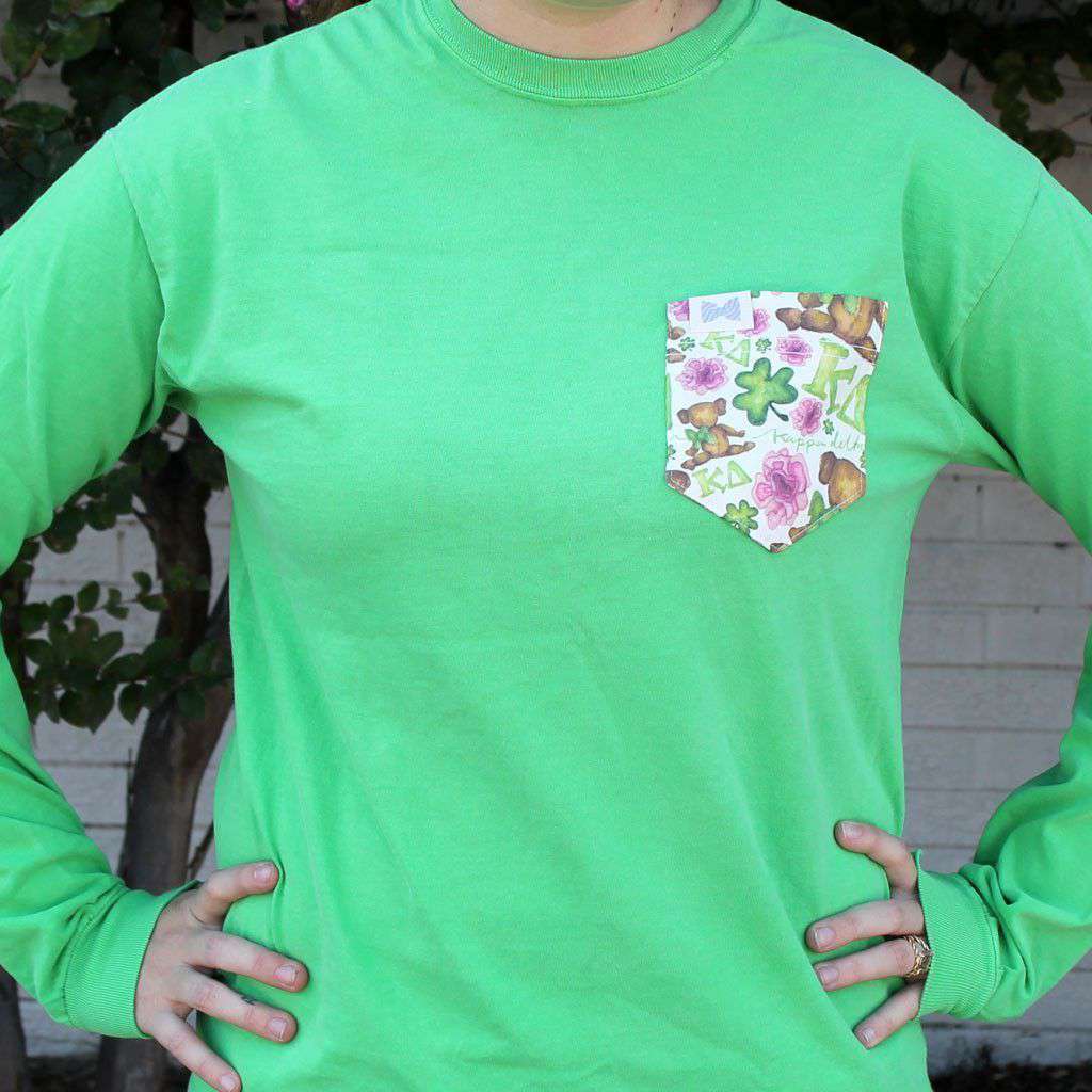 Kappa Delta Long Sleeve Tee Shirt in Pine Forest Green with Pattern Pocket by the Frat Collection - Country Club Prep