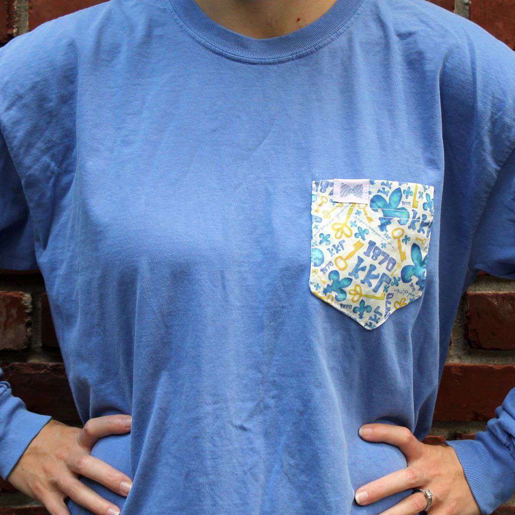 Kappa Kappa Gamma Long Sleeve Tee Shirt in Fluorescent Blue with Pattern Pocket by the Frat Collection - Country Club Prep