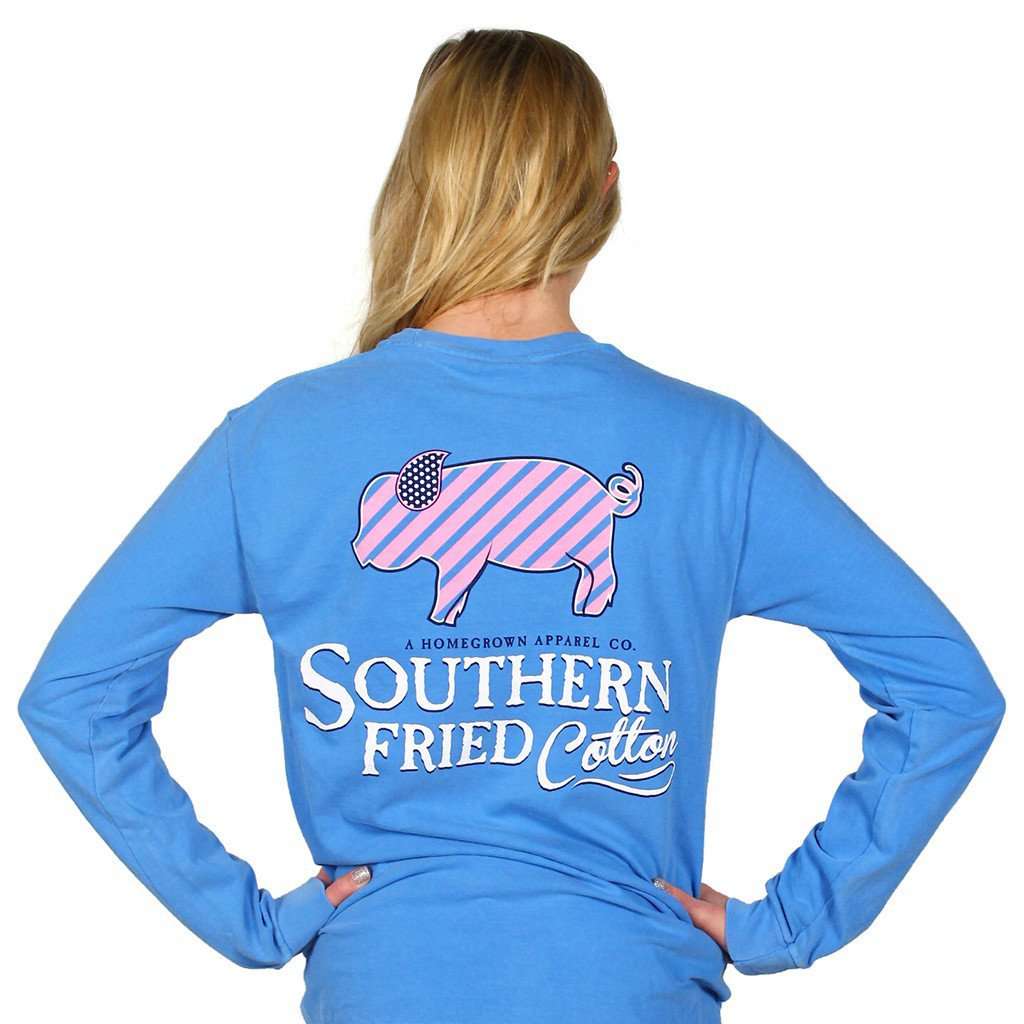 Lil Striped Pig Long Sleeve Tee Shirt in Royal Caribbean by Southern Fried Cotton - Country Club Prep